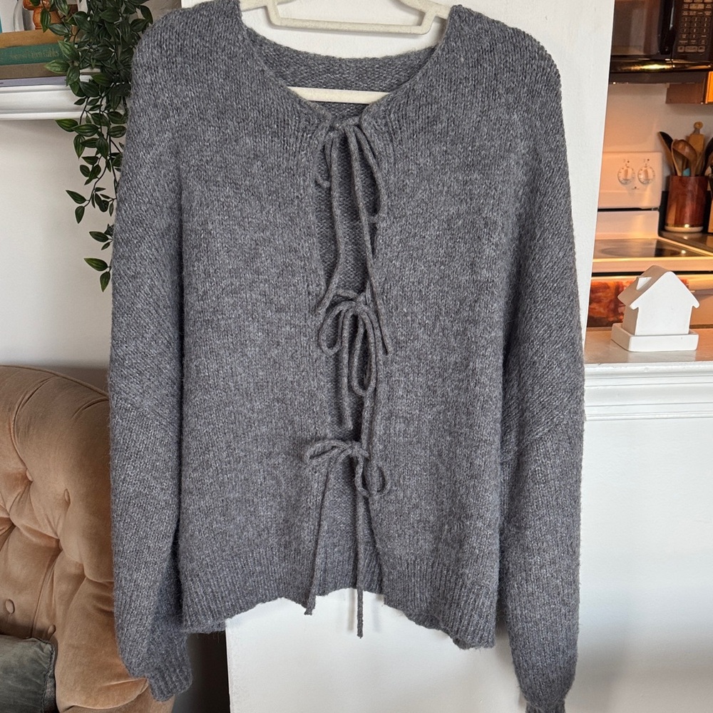 Gray Knit Sweater with Front Ties